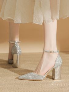 รองเท้าส้นสูงสีเงิน ผู้หญิง เรียบหรู Glitter หลักรองเท้าแต่งงานสบาย Fairy One-Strap รองเท้าเดี่ยวส้นหนา ทันสมัย