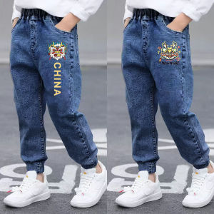 Spring Autumn Childrens Jeans Boys Cartoon Cuffed Long Pants Trendy Waistband Elastic Middle Waist Kids Denim Trousers
