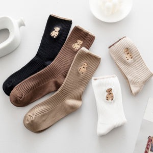 Set 5 đôi tất cổ cao cho nữ thêu hình gấu Teddy chất liệu cotton dệt kim phong cách Hàn Quốc
