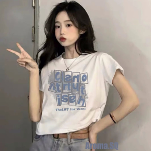 เสื้อยืดคอกลมแขนสั้นทรงหลวมสำหรับผู้หญิงในช่วงฤดูร้อนปี 2025 ทรงเข้ารูป เสื้อยืดคอกลมลายตัวอักษรแฟชั่น