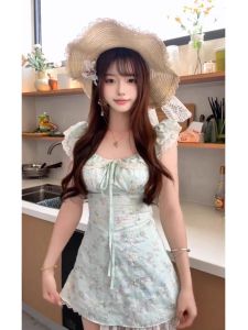 Váy Ngắn Ôm Vừa Vặn Họa Tiết Hoa Mùa Hè Ngọt Ngào Màu Xanh Lá Váy Ngắn Mùa Hè Mới Cho Nữ Váy Midi Chữ a Không Tay