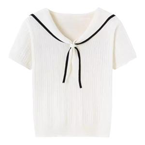 XIAOQIAOJIA | Fashionable Navy Collar Knitted Short Sleeve T-Shirt Womens Style College Trendy Ageless Beautiful Small Top Korean Version Slim Fit Pure Color
