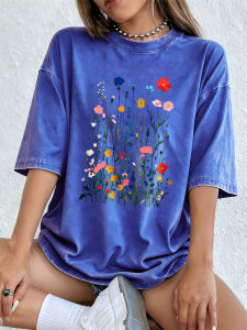 Flowers Floral Plants Printed Washed T-Shirts Womens Cotton Short Sleeve Tops Retro O-Neck Oversized T Shirts Summer Clothes
