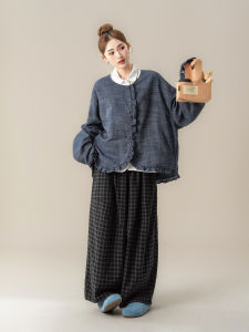 Nurture One | Blue Retro Japanese Style Wooden Ear Patchwork Long Sleeve Blouse