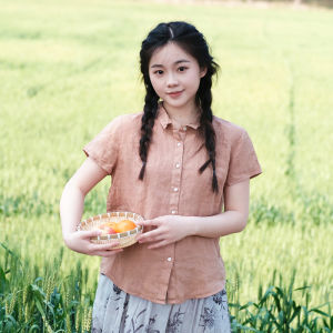 Xiyu Homemade Summer Fine Washed Linen Soft Draped Thin Short Sleeve Shirt Shirt Tops C641