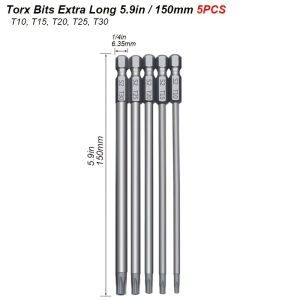 Magnetic Torx Screwdriver Set 150mm Extra Long Security Tamper Proof Star Drill Bit Screw Driver Tips Hex 1/4 for Rotary Tool