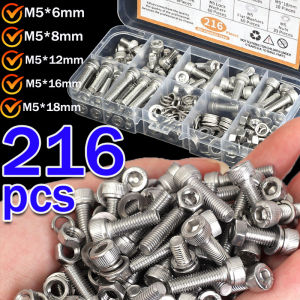 216Pcs/box 304 Stainless Steel Hexagon Socket Screw Nut Set M5 Lock Nut 6-25mm Round Flat Head Bolt Washer Classification Kit