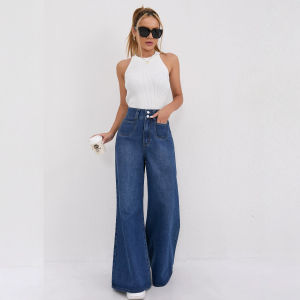 Quần Jeans Nữ Ống Rộng Cạp Cao Thời Trang Dáng Rộng Màu Trơn Kiểu Dáng Châu Âu Hai Cúc Quần Baggy