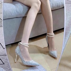 รองเท้าส้นสูงสีเงิน ผู้หญิง ส้นดี 2024 เพื่อนเจ้าสาวสไตล์ใหม่ 18 ปีของขวัญสําหรับผู้ใหญ่งานแต่งงาน เดรส รองเท้าแต่งงานเจ้าสาวคริสตัล