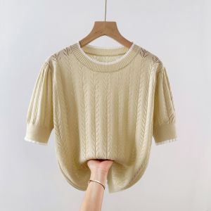 Áo Thun Dệt Kim Tay Ngắn Rộng Rãi Thời Trang Mùa Hè Cho Nữ Áo Thun Cổ Tròn Màu Tương Phản Khoét Lỗ Thanh Lịch Cỡ Lớn