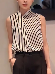 QINGNAER | Elegant French Minimalist Sleeveless Stripe Halter Neck Shirt