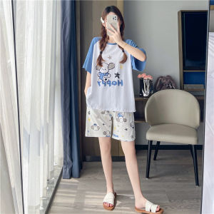 plus Size Summer Cotton Pajamas Women Loose Fit Short Sleeve Shorts Home Clothes Thin Set Cartoon Print Comfortable Sleepwear