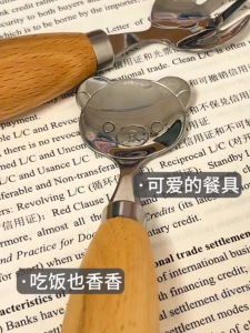 304 Stainless Steel Short Handle Spoon Fork Wood Handle Childrens Eating Spoon Dessert Spoon China Made Dining Utensils