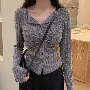 Sweter Lengan Panjang Berlipat Kerah Berdiri Gaya Korea untuk Wanita Atasan Kemeja Kecil Chic Desain Ramping Gadis Seksi Musim Gugur