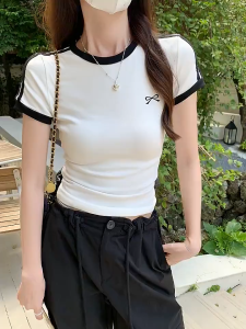 Womens Casual Plain Round Neck T-shirt Short Sleeve Crop Top