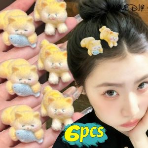 6Pcs Cute Flocking Cat Hair Clips Girls Bangs Side Hairpins Soft Plush 3D Hairpins for Women Resin Duckbill Clip Headwear