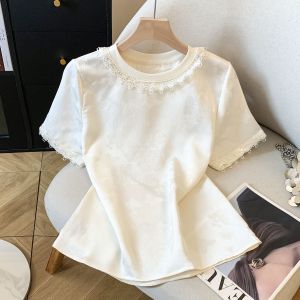 Lace Short Sleeve Shirt Large Size Slimming Top