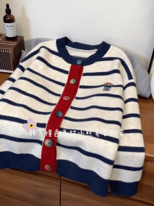 บล็อคสี Retro Stripes เปิด คาร์ดิเกน เสื้อสเวตเตอร์ ผู้หญิง ฤดูใบไม้ร่วง รูปแบบใหม่ การ์ตูน เกาหลี หลากหลาย พรางหุ่น ถัก เสื้อท่อนบน