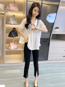 เสื้อเชิ้ตแขนสั้นคอตุ๊กตาสไตล์หวานสำหรับผู้หญิง ทรงหลวม ทรงสลิมฟิต ทรงบาง สีพื้น เสื้อเชิ้ตคอกลม ฤดูร้อน 2022