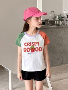 Summer New Childrens Pure Cotton Short Sleeve T-shirt Korean Cartoon Patchwork Sleeve Girls Fashionable round Neck Top
