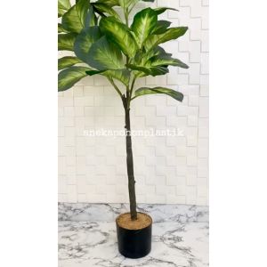 Pohon Daun Tanaman Imitasi Bahagia Hijau X3 T140 Latex Artificial Pot Dasar Hitam Dekorasi Rumah