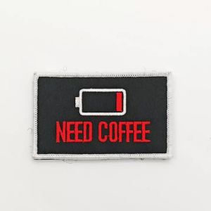 Need Coffee Low Battery Embroidered Patch with Hook And Loop Tactica Morale Badge DIY For Clothing Backpack Cap Jacket Hat Bag