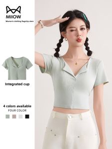 Miiow | Slim Fit Short Sleeve T-Shirt Womens Summer New Casual Versatile With Chest Pad Body Shirt Thin Short Top Cat Person MiiOW