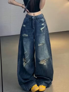 Quần Jeans Denim Ống Rộng Cạp Cao Cho Nữ Quần Dài Đến Sàn Kiểu Dáng Thẳng Phong Cách Đường Phố Cổ Điển Quần Dài Cho Người Cao Cấp