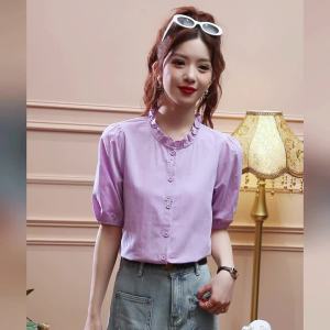 AMMIN 2024 Summer Stringy Selvedge Stand Collar Single-Breasted Cotton Short-Sleeved Shirt Womens French Embroidery Floral Elegant Graceful Commuter Blouse