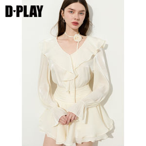 D-PLAY | Purple Light-catching Organza Blouse with Ruffle and Puff Sleeves