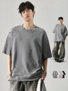 SZON | Casual Breathable American Style Plain Ripped T-Shirts