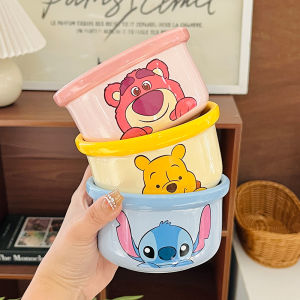 ชุดจานและชามเซรามิก Disney ใหม่พร้อมช้อนและชามเด็ก ชามก๋วยเตี๋ยว หมีสตรอเบอร์รี่ ชุดอาหารสำหรับเด็ก ชามเด็ก