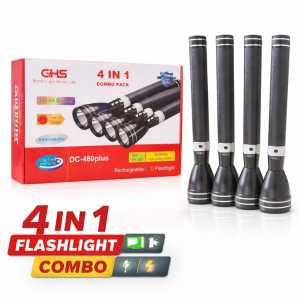 GHS DC-480plus 4 in 1 Rechargeable Flashlight Combo Pack Black Silver Portable Multi-Function Flashlights for Camping & Hiking