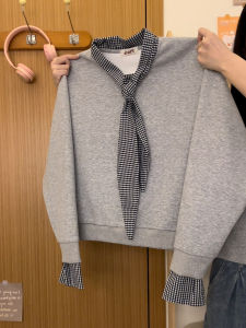 Loose Womens Plaid Tie Sweatshirt Fake Two-Piece Long Sleeve round Neck Korean Style Regular Thickness Autumn New Arrival