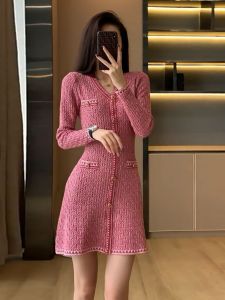 V-Neck Knitted Dress Slim Fit A-Line Skirt Pink French Style Base Sweater Dress High Waist Knitwear Retro Button Detail Tea Break Skirt