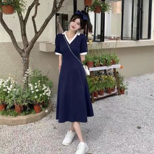 V-Neck A-Line Dress Womens Design Sensation Small Audience French Style Long Dress Summer New Arrival High Waist Bubble Sleeve