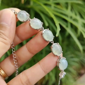 Newly Listed ~ SG Local Seller ~ 5 Big High-Quality Cabochons crafted on Natural Type A Jadeite Jade set with S925 as Bracelet certificate weighs 7.71 grams (S925b4)