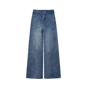 กางเกงยีนส์ทรงสลิมฟิตเอวสูงผ่าหน้าปักลายดอกไม้สไตล์เกาหลีสำหรับผู้หญิง กางเกงขายาวทรงหลวมอเนกประสงค์สำหรับฤดูใบไม้ผลิ