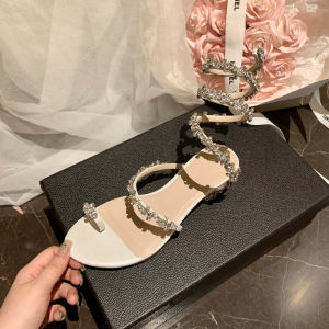 Elegant Snake-Shape Diamond Embellished Flat Sandals Womens Summer New Fairy Style Roman Tie Shoes Low Heel Comfortable