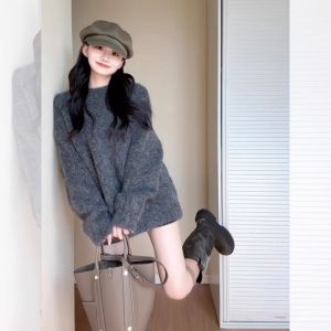 Late Autumn and Early Winter Wear Gray Loose and Lazy Style Mid Length Long Length Haima Fur Sweater Female Maillard Knitwear Tops