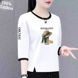 QIAOXIZI | Cotton T-shirt 3/4 Sleeve Loose Fit Belly Covering Fashionable Womens Clothing