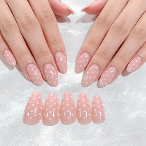 24Pcs/Set French Style Press On Nail with Jelly Glue Pink White Polka Dot Nail Art Short Almond Fake Nail Artificial Manicure