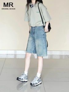 American Style High Waist Denim Shorts Women Summer New Loose Slim Straight Five-Quarter Mid-Pants Anti-Wrinkle Deep Color