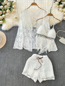 Summer New Holiday Suit Womens Lace Embroider Cardigan + Tassel Halter Top + Cut Out Shorts Three-Piece Set