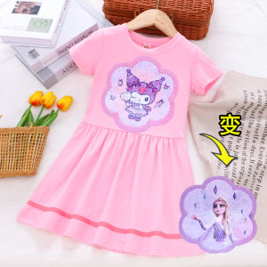Girls Cotton Glitter Dress Summer New Style Cartoon Short Sleeve Change Color Dress Breathable Comfortable mid Waist Skirt