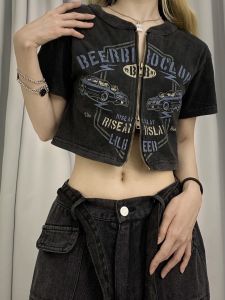 เสื้อเชิ้ตแขนสั้นผู้หญิงสไตล์อเมริกันย้อนยุคพร้อมซิปสองทาง ทรงหลวม ทรงเข้ารูป ฤดูร้อน 2024 เสื้อคลุมคาร์ดิแกนคอตั้ง