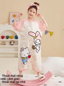 MiiOW | Đồ ngủ mùa hè cho bé gái MiiOW Cat Person Áo khoác cotton nguyên chất mỏng thoáng khí dễ thương Áo ngủ tay ngắn mặc nhà cho trẻ em
