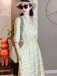 Váy Voan in Hoa Mùa Hè Ôm Vừa Vặn Dáng Chữ A Cạp Cao Tay Giữa Cổ Chữ V Váy Dài Vừa Phải Chất Liệu Cotton Lụa