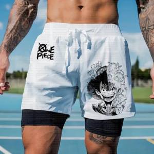 Bandai | White One Piece Manga Dual Layer Workout Shorts for Men Running Training Anime Character Print Quick Dry Material with Pockets