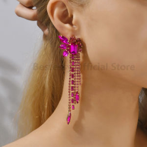 Classic Butterfly Decor Long Tassel Drop Earrings For Women Shiny Rhinestone Luxury Elegant Geometric Trendy Jewelry Female Gift